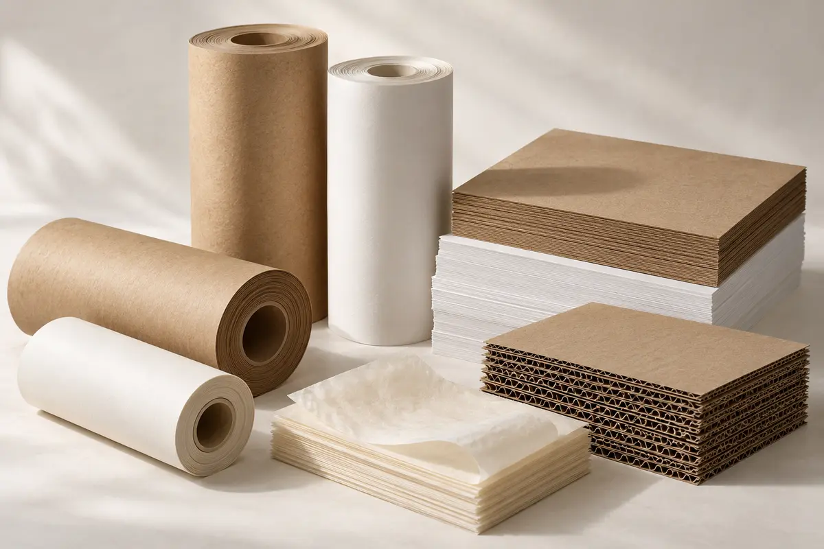 Kraft rolls, white paper, corrugated board and tissue — AI-generated paper material illustration